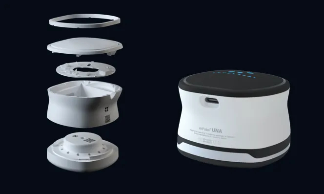 imPulse UNA point-of-need embedded-AI stethoscope, exploded and assembled views