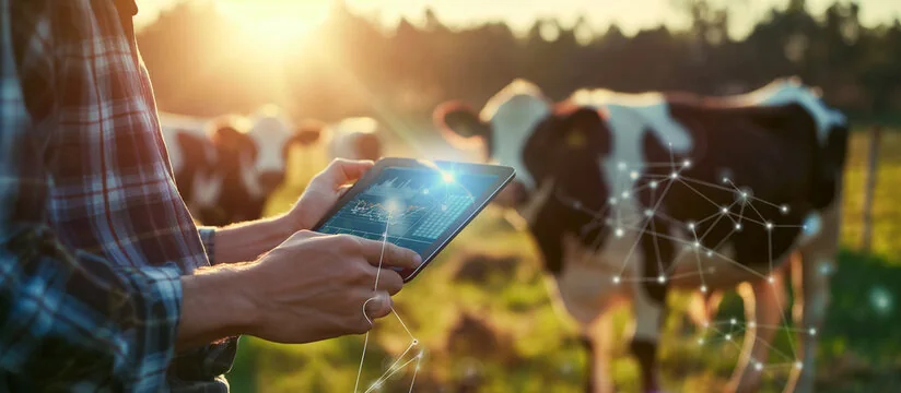 Herd manager reviewing biosignature data on a tablet in front of dairy cattle